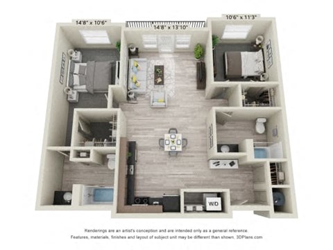 Floor plan for 2 beds, 2 baths, 1090 sqft